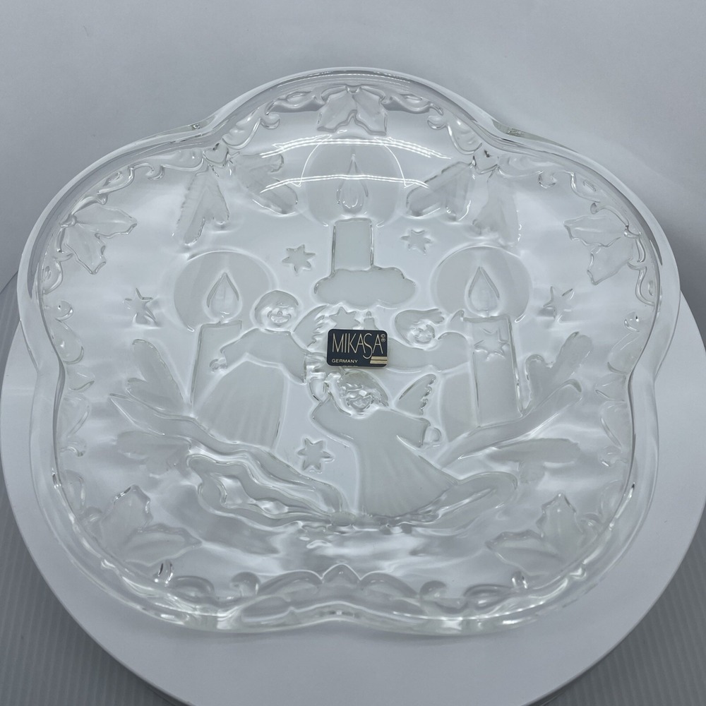 MIKASA HOLIDAY LIGHTS Clear Glass 8" Christmas Plate, Candy Dish Angels Xmas